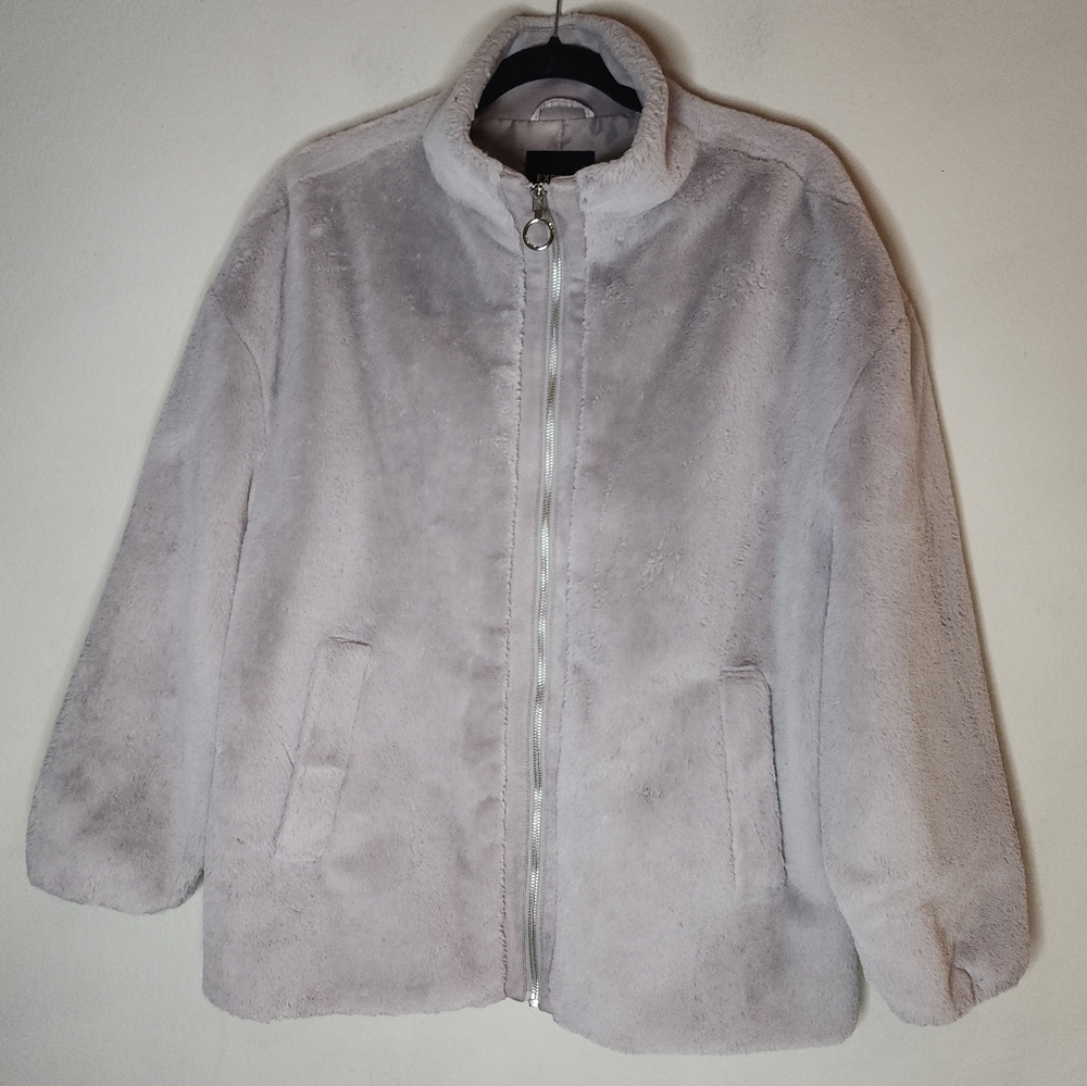 Express Grey Faux Fur Coat Front Zip Jacket Super Soft Plush Size Medium